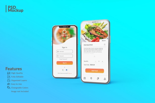 Modelos editáveis de smartphone para exibir o modelo de conceito de aplicativo de comida