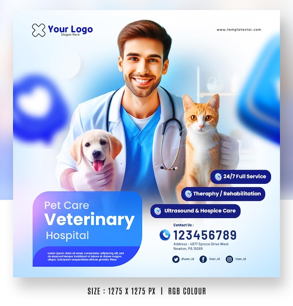 PSD modelos de folleto para el servicio de clínica veterinaria de cuidados para mascotas