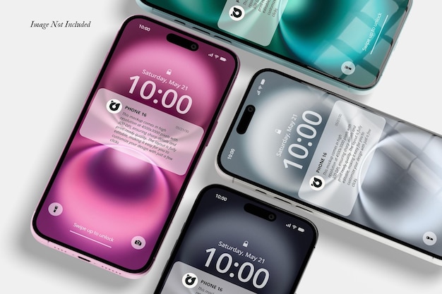 Los modelos modernos de teléfonos móviles dispuestos en una superficie plana muestran diferentes diseños de pantallas de colores