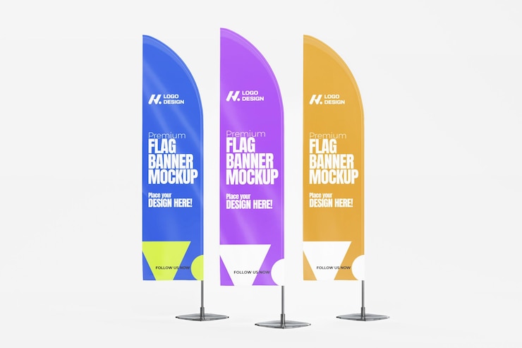 Modelos de pancartas de bandera renderizadas en 3D para publicidad y promoción
