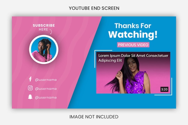 PSD modelos personalizáveis de vídeo e tela final do youtube em rosa e azul