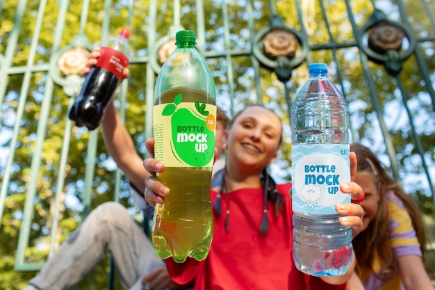 PSD modelos posando con una maqueta de botella