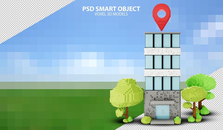 PSD modelos voxel 3d de edificio de oficinas con puntero de pin de mapa objetos inteligentes psd sobre fondo pixelado