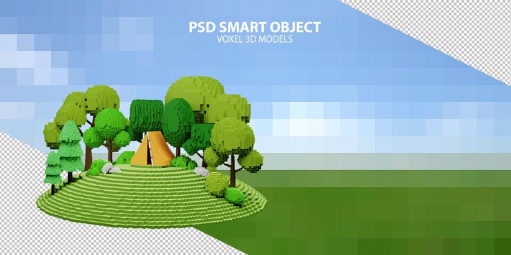 PSD modelos voxel 3d de tienda de campaña en el bosque objetos inteligentes psd sobre fondo pixelado