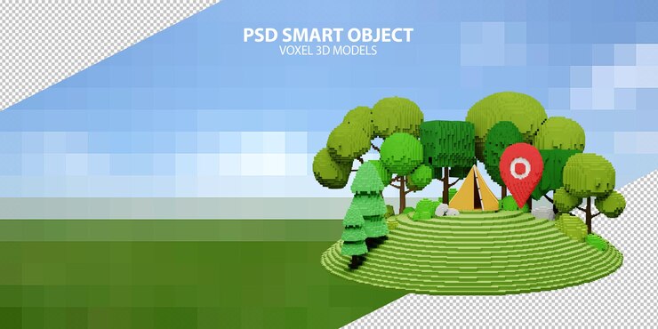 PSD modelos voxel 3d de tienda de campaña en el bosque con pin de mapa psd objetos inteligentes sobre fondo pixelado