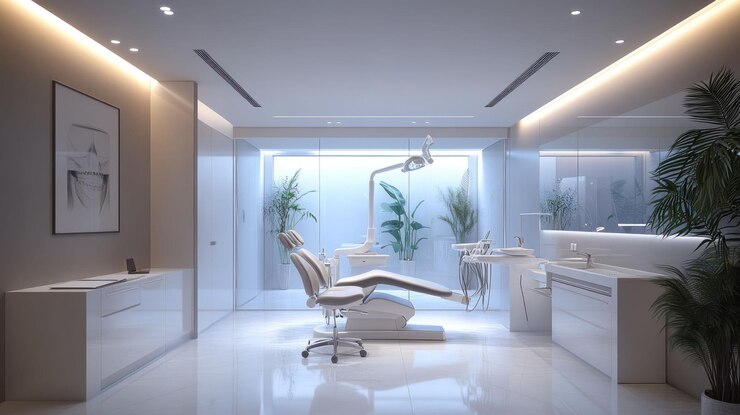 Modern and sleek dentist office with a white dental chair a sink and a window with plants
