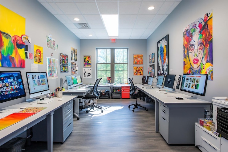PSD modern bright design office with computers art and windows