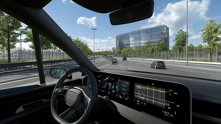 PSD modern car interior view on highway driving through city