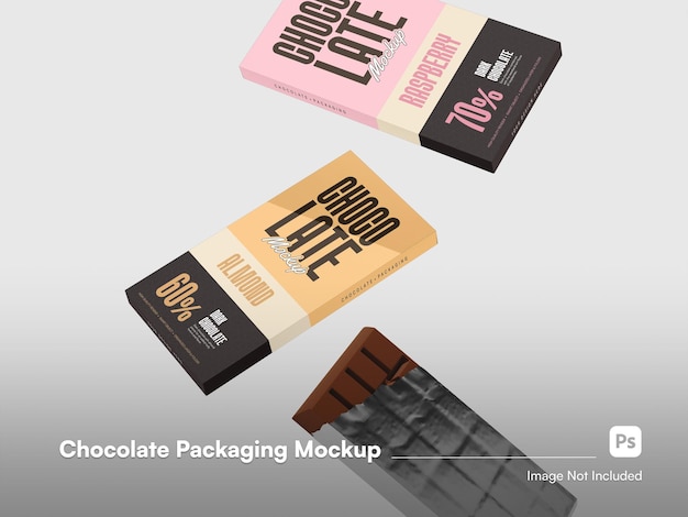 Modern Chocolate Bar and Box Package Mockup 3D Isolated