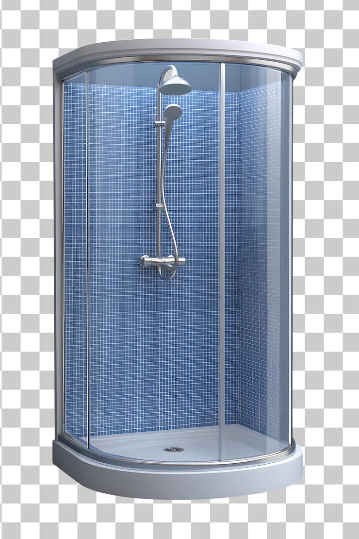 PSD modern corner shower enclosure with blue tile walls and glass doors