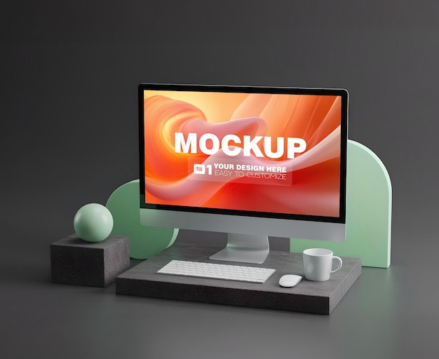 modern desktop computer mockup with workspace setup