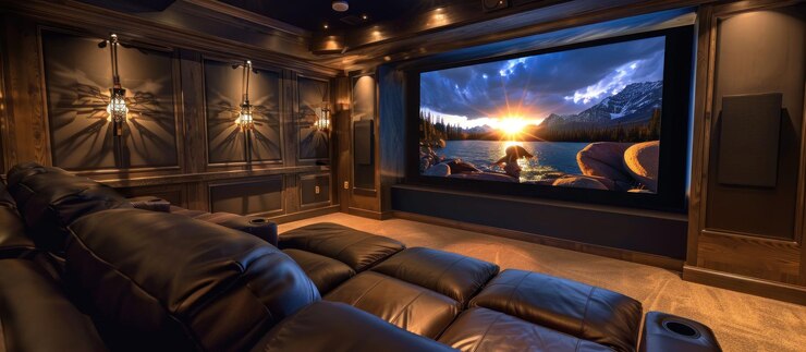 PSD modern home theater room with large screen and comfortable seating