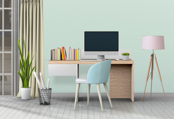 PSD modern living room workspace with desk and desktop computer