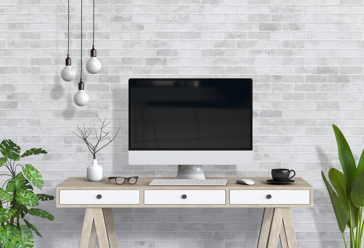 PSD modern living room workspace with desk and desktop computer