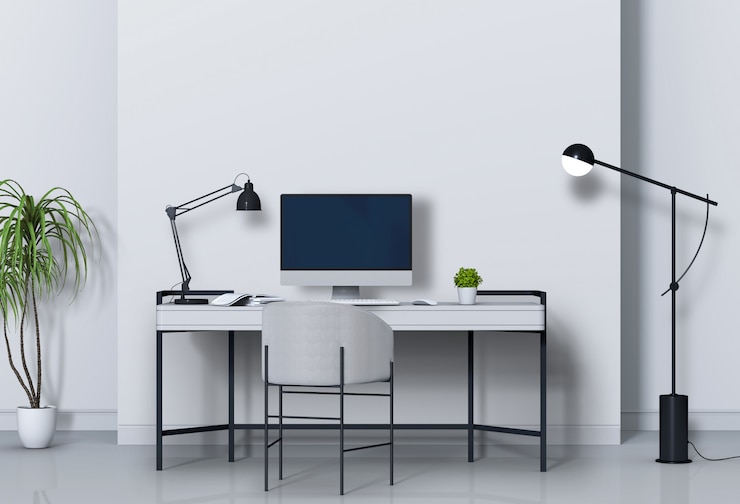 PSD modern living room workspace with desk and desktop computer