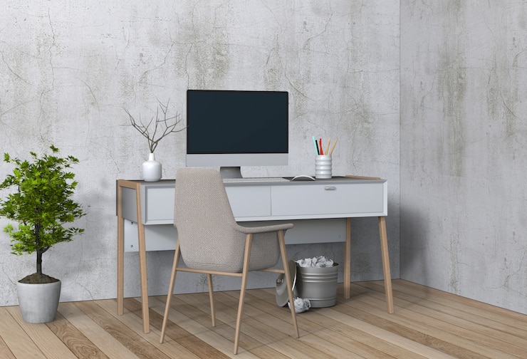 PSD modern living room workspace with desk and desktop computer
