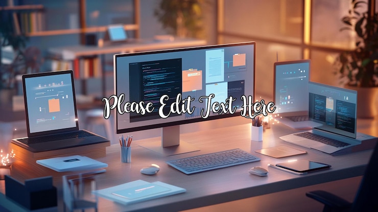 PSD modern office workspace at night with multiple devices displaying coding and data