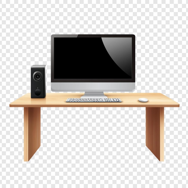 PSD modern wooden desk with computer speaker keyboard mouse