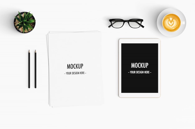  Modern workspace. Top view. Flat lay style