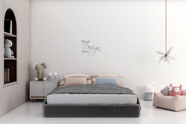 Moderna camera da letto minimalista e giocattoli nella stanza dei bambini con parete mockup