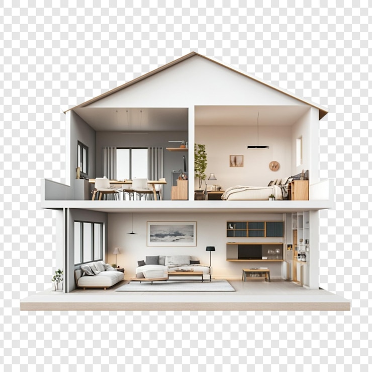 PSD moderna casa a due piani, vetrina di interior design, salotto, cucina, camera da letto.