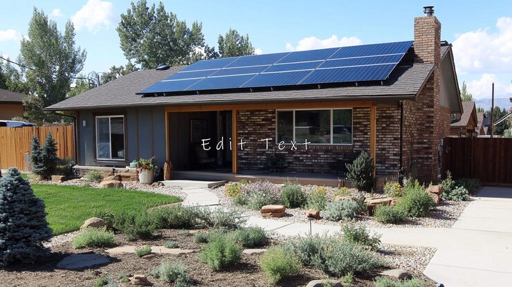 PSD moderna casa de rancho con paneles solares patio ajardinado y pasarela