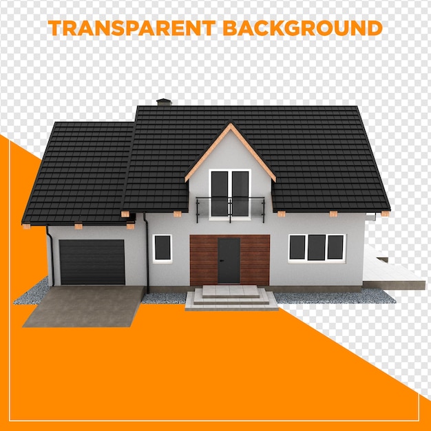 Moderna casa residenziale con garage e tetto nero con sfondo trasparente
