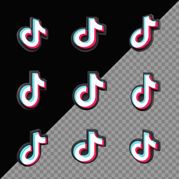 Moderna icona nera 3d tiktok impostata in diverse angolazioni isolate