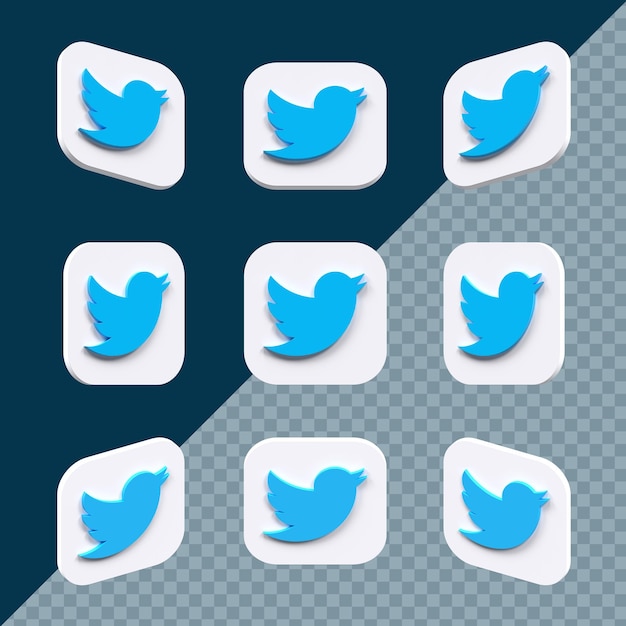 Moderna icona twitter quadrata 3d impostata in diverse angolazioni isolate