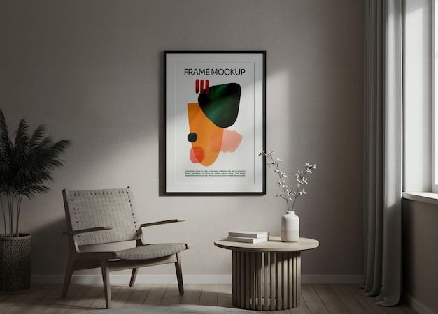Moderna maquete de design de interiores com obras de arte abstratas em uma sala de estar minimalista