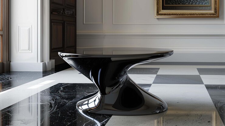 PSD una moderna mesa de café negra y brillante con un diseño giratorio único se encuentra en un piso a cuadros blanco y negro en una gran habitación elegante
