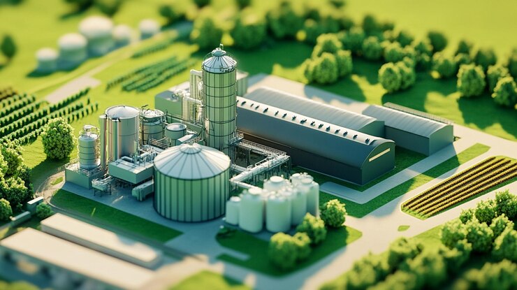 PSD una moderna planta de procesamiento agrícola rodeada de campos verdes y árboles