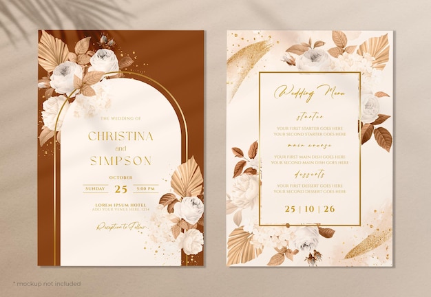 PSD moderna plantilla de invitación de boda boho de terracota con decoración floral blanca y hojas