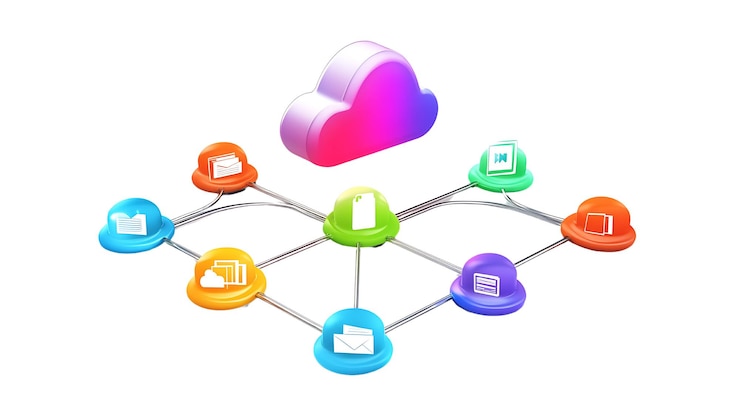 PSD moderna rete di cloud computing con icone collegate che rappresentano l'archiviazione e i servizi di dati