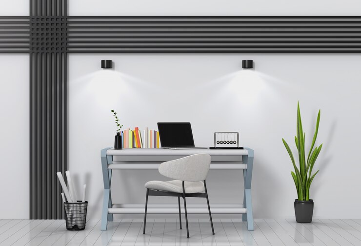 PSD moderna sala de estar con escritorio y computadora portátil