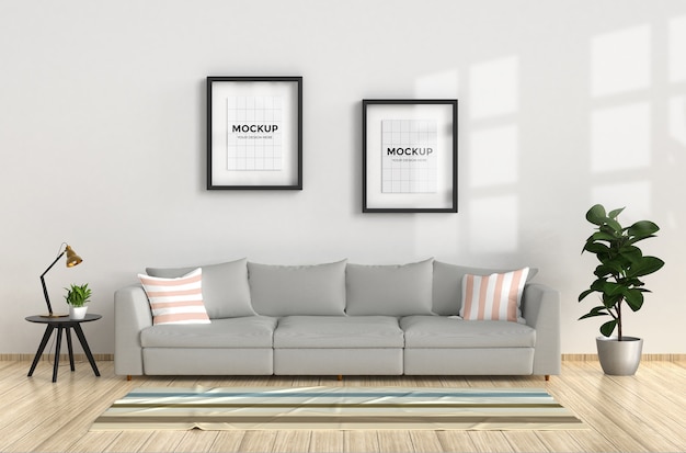 PSD moderna sala de estar con sofá y maqueta de marco.
