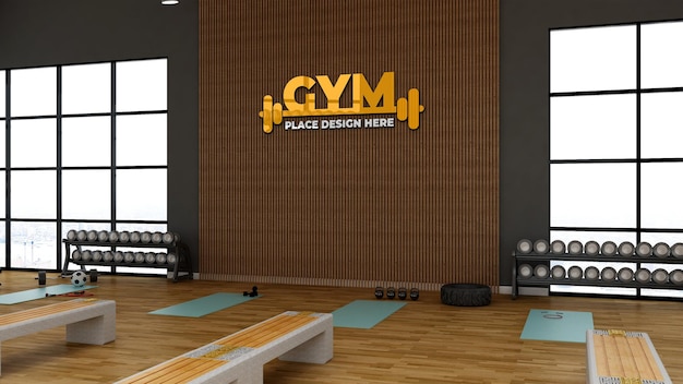 Moderna sala de gimnasio con decoración de pared de madera para maqueta de logotipo de gimnasio