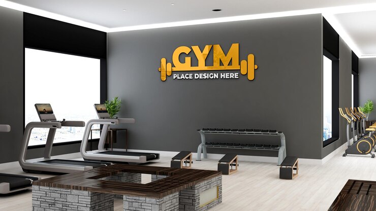 moderna sala de gimnasio con equipo para gimnasio o maqueta de logotipo de fitness