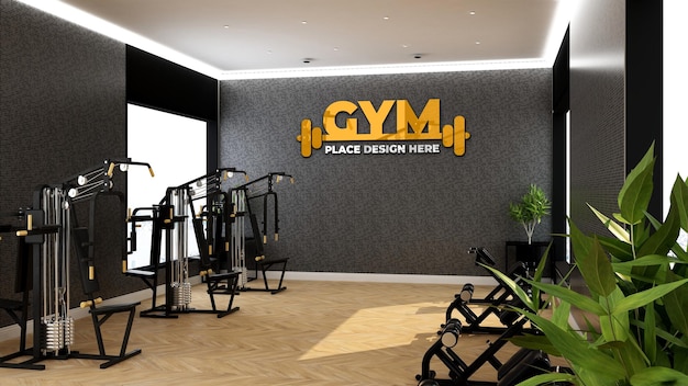 Moderna sala de gimnasio con maqueta de logotipo colorido
