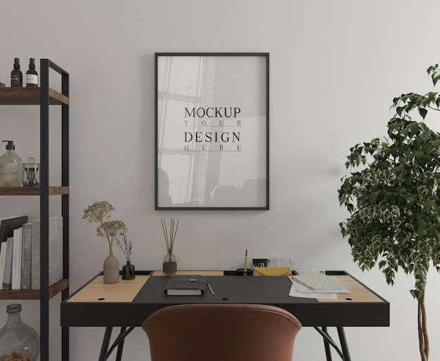 moderna sala studio con scrivania e mockup poster 3d rendering