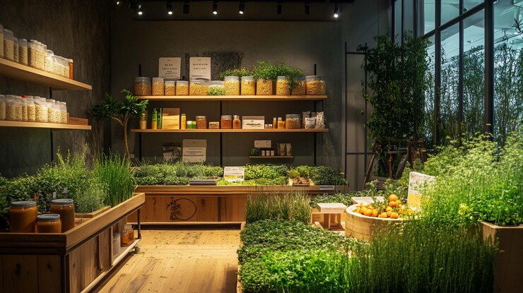 PSD moderna tienda de comestibles orgánicos con estantes llenos de varios alimentos y plantas