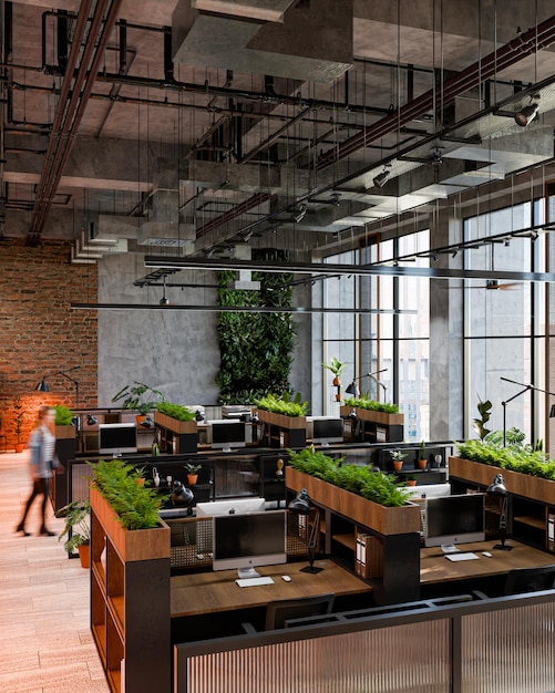 Moderne Büroräume mit grünen Wänden und industriellem Design