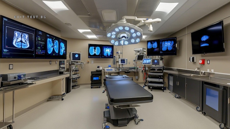 PSD moderne chirurgie mit monitoren auf dem op-tisch, die medizinische bilder und medizinische geräte anzeigen