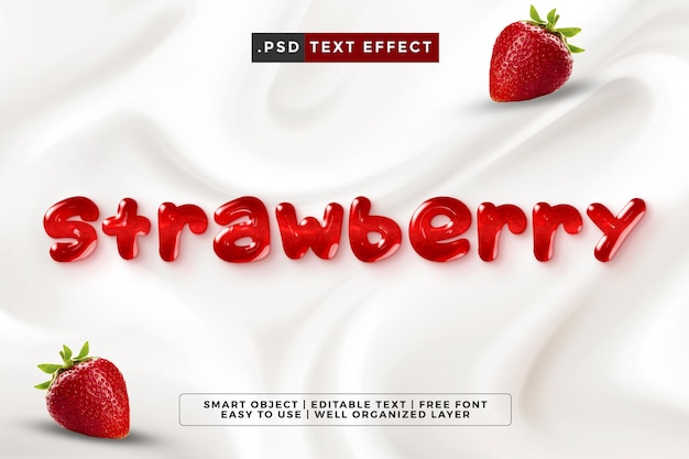 Moderne erdbeere 3d-text-trend-stil weißer hintergrund.