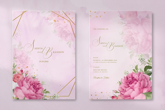 PSD moderne hochzeitseinladungskarte mit vintage pink flower bouquet