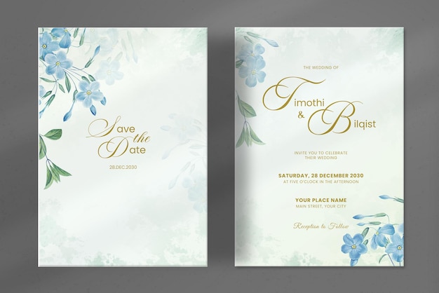 Moderne Hochzeitseinladungsschablone mit blauem Blumen-Aquarell