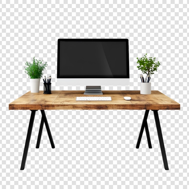 PSD moderne holzschreibtisch-arbeitsfläche, computer-tastaturpflanzen, minimalistisches design