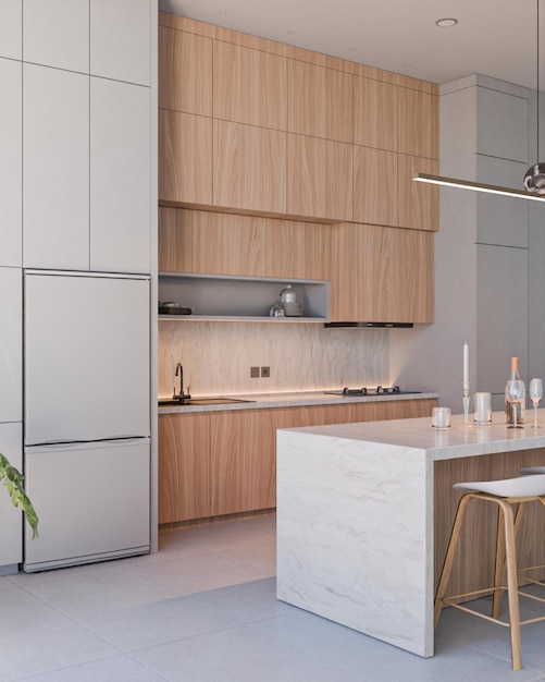 Moderne Küche mit Holzschränken und weißen Arbeitsplatten
