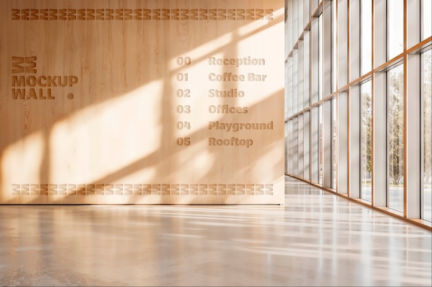Moderne maquette d'intérieur avec la lumière du soleil et le mur en bois