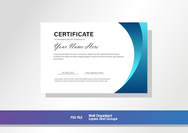 Moderne modèle de certificat avec dessin incurvé bleu